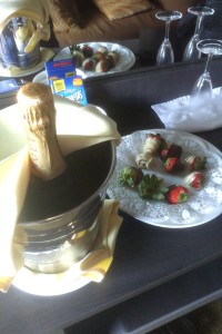 More complimentary champagne and strawberries